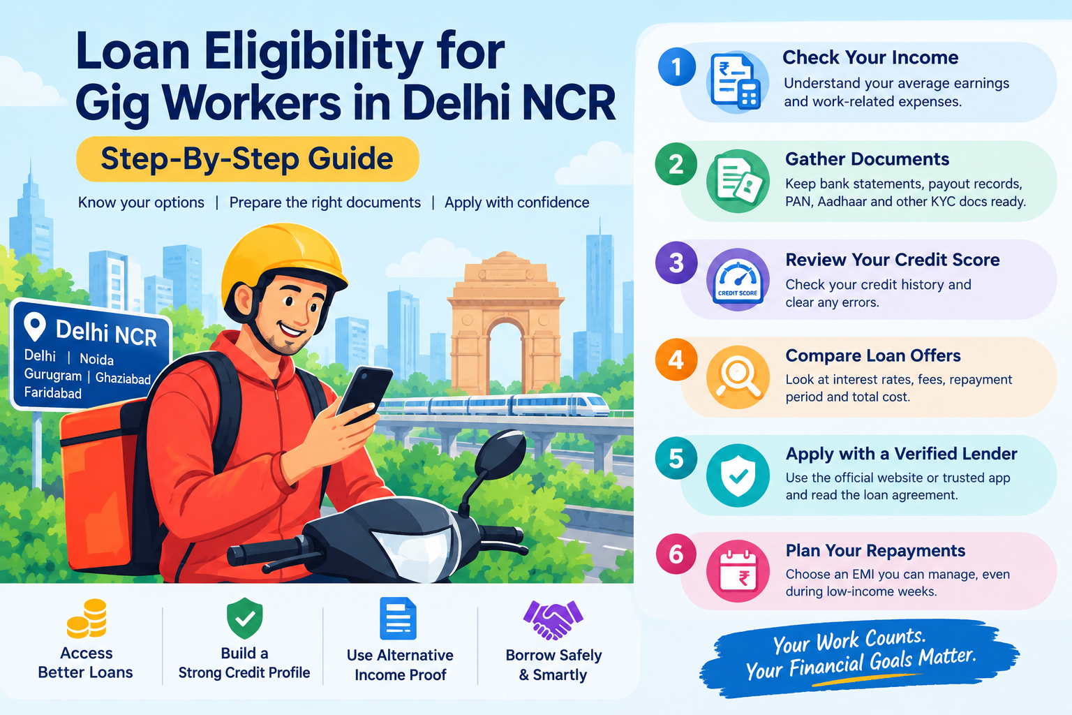 Loan eligibility for gig workers in Delhi NCR step-by-step guide, illustrating income verification, required documents, credit score checks, loan offer comparison, verified lenders, and repayment planning.
